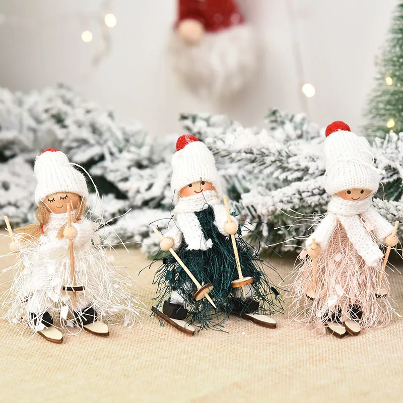 Julgran dekorationer söt ängel dollflicka skidhänge trä navidad år prydnader xmas gåva till barn y201020