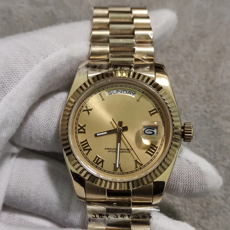 Męskie zegarek automatyczny mechaniczny szafir szklany solidny stałą nierdzewną modę Złotą tarczę Złotą tarczę zegarki zegarki na rękę męską na rękę 296U