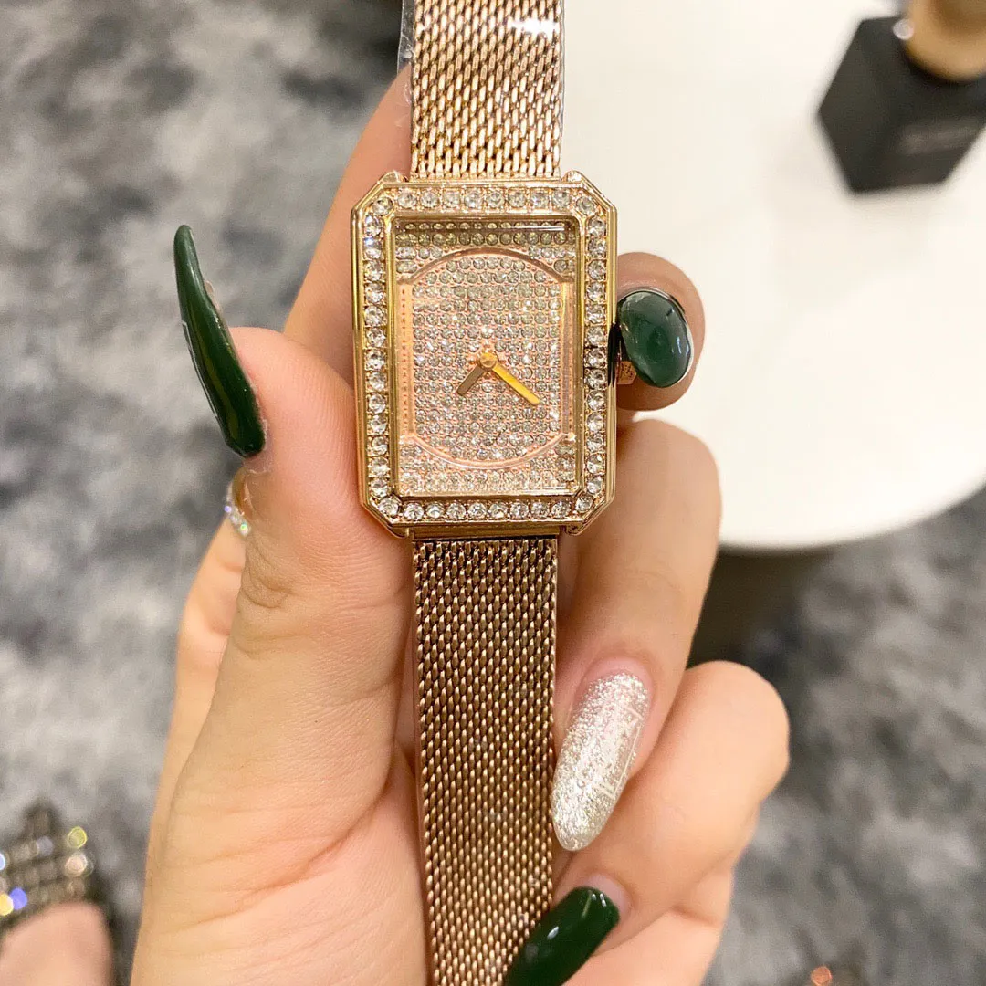 Montre-bracelet à quartz de marque décontractée populaire pour femmes fille cristal Rectangle style métal acier bande montres CHA43222N