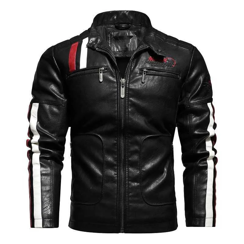 Mens Motorcykeljacka Höst Vinter Män Faux PU Läder Jackor Casual Broderi Biker Coat Zipper Fleece Male Jacket 211119