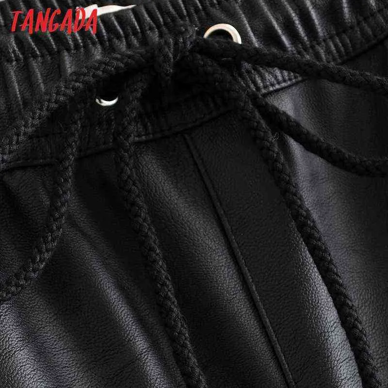 Tangada Mulheres Preto Pu Calças De Couro Estiramento Cintura Draorstring Laço Bolsos Feminino Outono Inverno Calças Elegantes HY02 211105