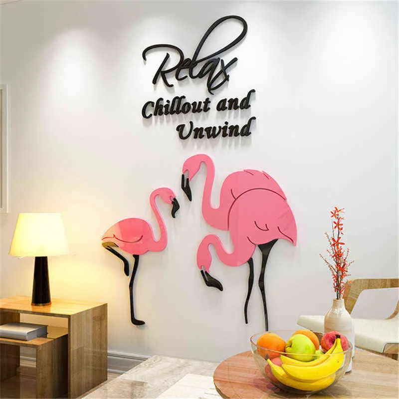 Nordic Flamingo 3D Sticker Mural Pour Salon Enfants Chambre Porche Chambre Décoration Autocollants Autocollant Mural Papier Peint 211112