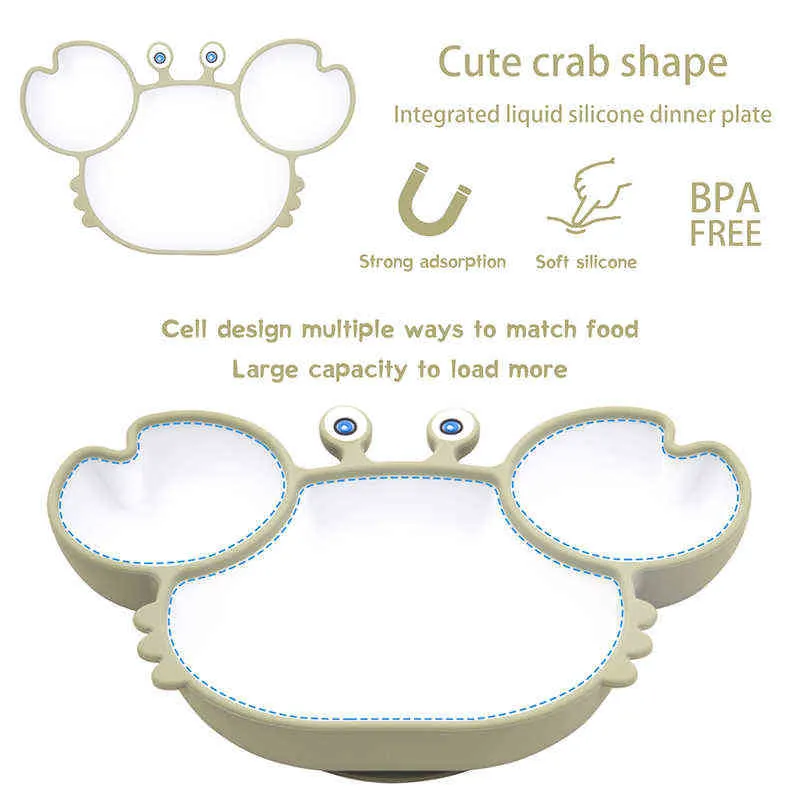 Bopoobo Baby Dishes Silicone Suction Plate Cute Crab Children Feeding Plate Non-Slip Baby Food Feeding Bowl For Children G1221