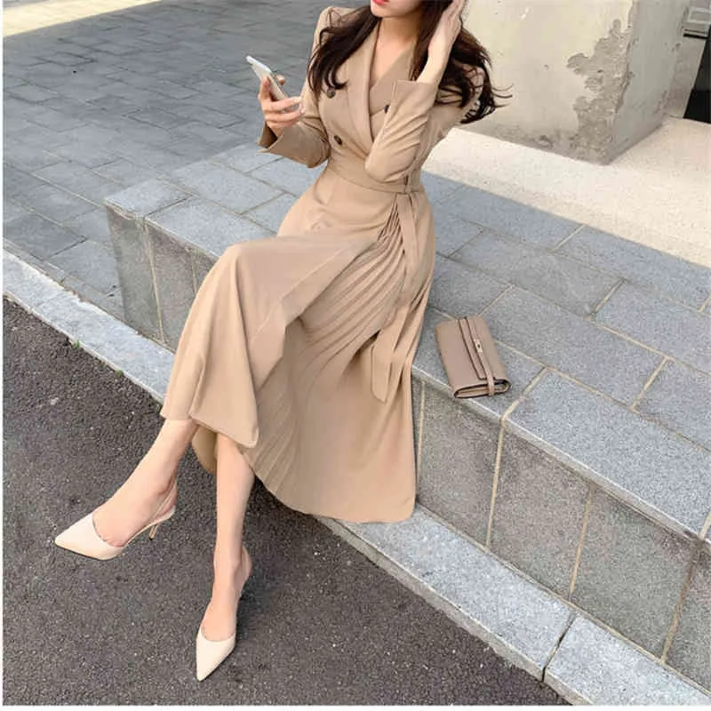 Vintage Winter Solid Women A-Line Dress Casual coreano scollo a V vita alta abiti a metà polpaccio eleganti telai manica lunga abito impero X0521