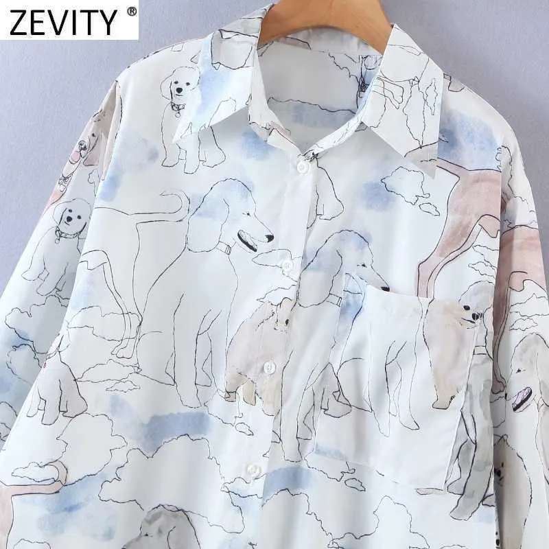 Zevity Женщины сладкие мультфильм собаки печатают повседневные свободные рубашки Офисная леди с длинным рукавом Бизнес блузка шикарный карман Blusas Tops LS9166 210603