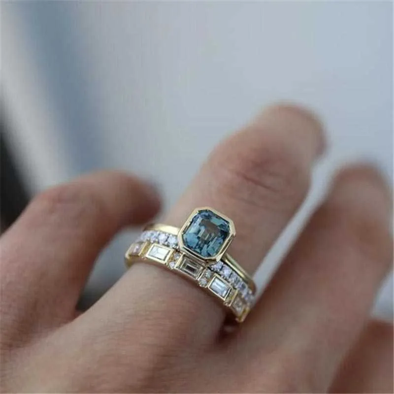 3 pièces anneaux en cristal bleu acide pour les femmes mode couleur or jaune bague de mariage pour femmes marque de luxe bijoux cadeaux accessoires 237j