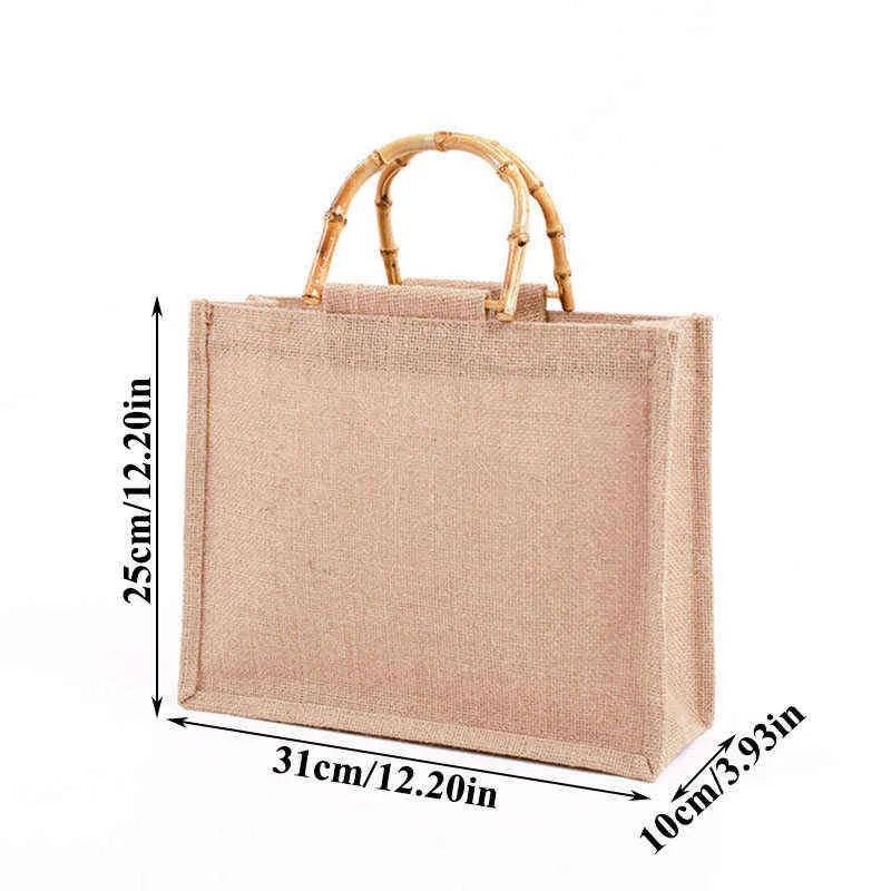 NXY Winkelen Tassen Vintege voor Vrouwen Multifunctionele Draagbare Jute Jute Handtas Bamboe Loop Handgrepen Tote Travel Lunchbox 220128