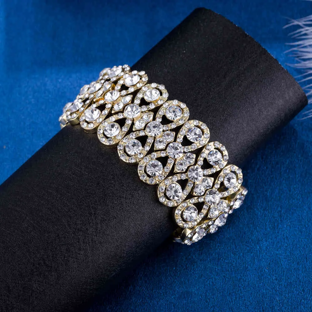 Jóias de casamento luxo cristal completo cristal cor ouro para mulheres noiva estiramento corda larga pulseiras pulgles presente