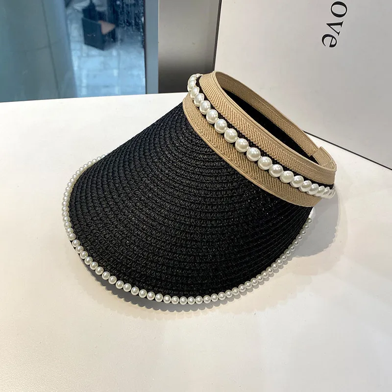 Chapeaux pare-soleil pour femmes avec perles, fait à la main, pliable, enroulable, à large bord, en paille d'été, vêtements de casquette pour femmes