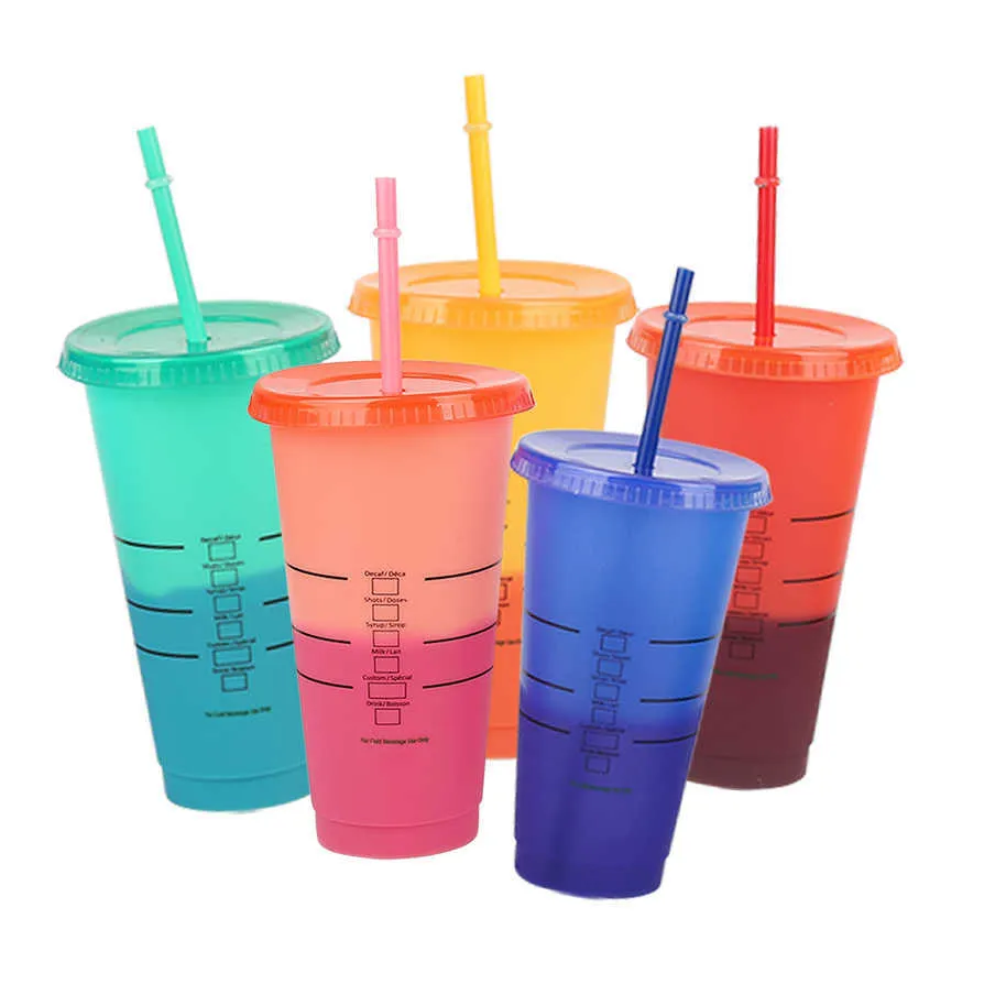 Starbucks Farbe wechselnde Tassen Farbe Wiederverwendbare Tasse Tumbler mit Deckel Cold Cups Kunststoff Tasse Sommersammlung Starbucks