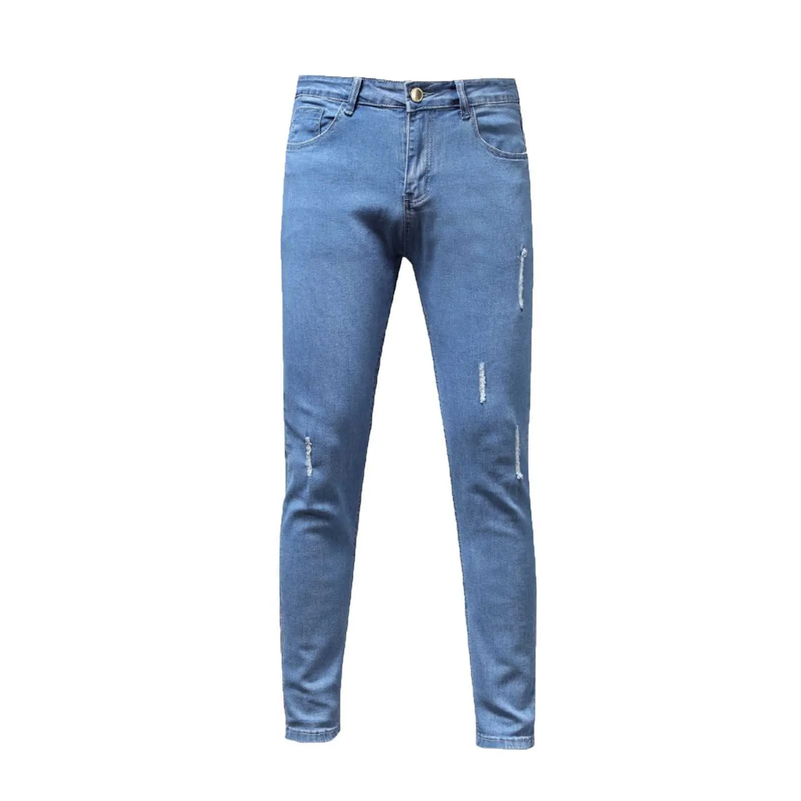 Moda homens zíper denim longo buraco buraco rasgado vintage cores sólidas hip hop estiramento alta cintura jeans skinny calças calças # 35 x0621