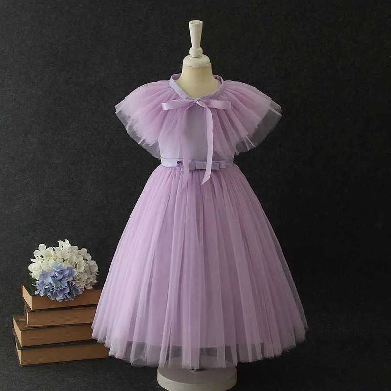 Flower Girl Dress With Cape Spring Style Gaze Flare Sleeve Ballroom Dresses for Wedding Party Kids Kläder E19002 210610