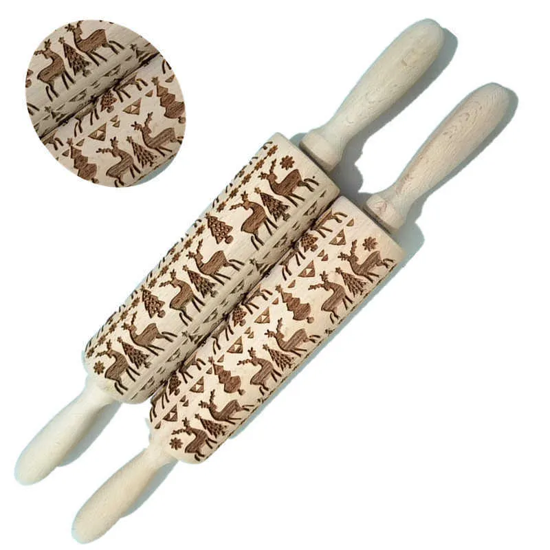 Julutskrift Rolling Pin Beech Laser Gravyr Embossed Rolling Pin Cookies Jul rulla Pin Bakning Tillbehör 211008