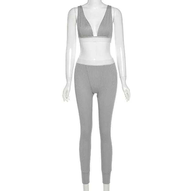 Fitness Knit Rib Survêtement Femmes Été Sexy Lounge Wear V Cou Dos Nu Crop Top avec Pantalon De Survêtement Deux Pièces Ensemble Jogging Femme Y0702