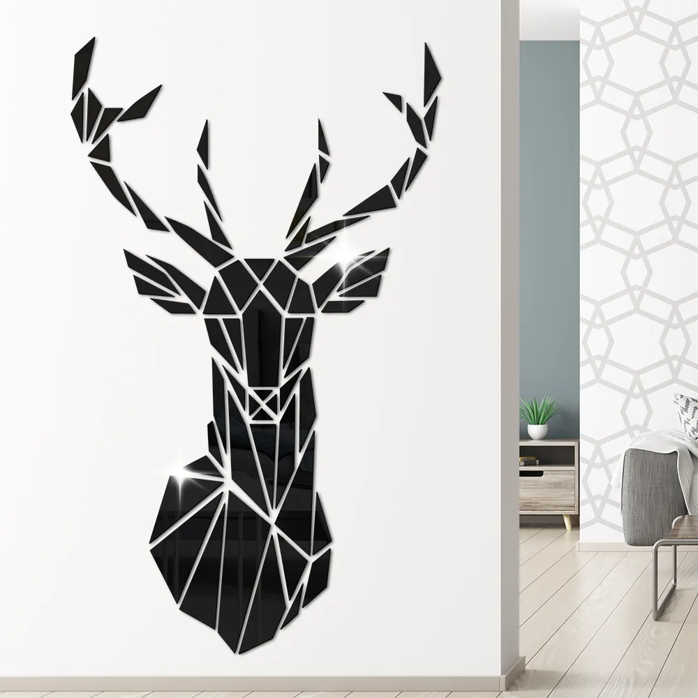 Geometric Deer Head Acrylic Mirror Stickers Hunting Modern Home Decor Antler Deer Head Wall Art Stickers Decal Deer Hunters Gift 210310