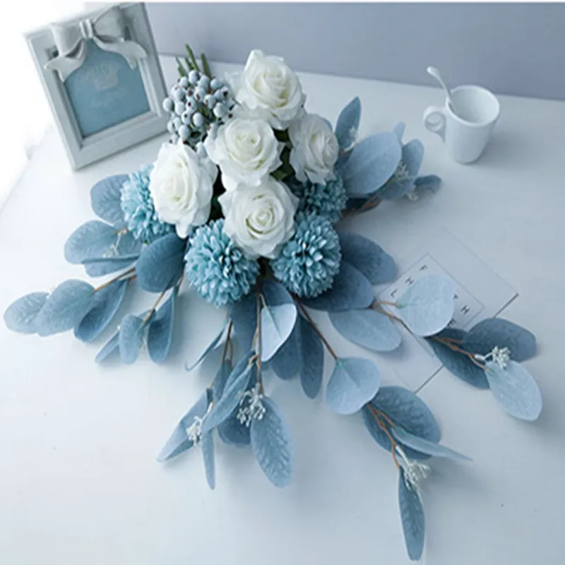 Fleur de flocon de neige nordique, Simulation élégante, Rose blanche, Bouquet de mariée, fleurs artificielles en soie pour décoration de table à manger de maison, 225l