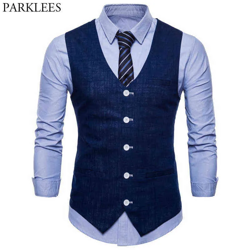 Mens Slim Fit Único Breasted Terno Colete Marca Vestido Formal Business Colete Colete Homens Cor Sólida Gilet Homme 211120