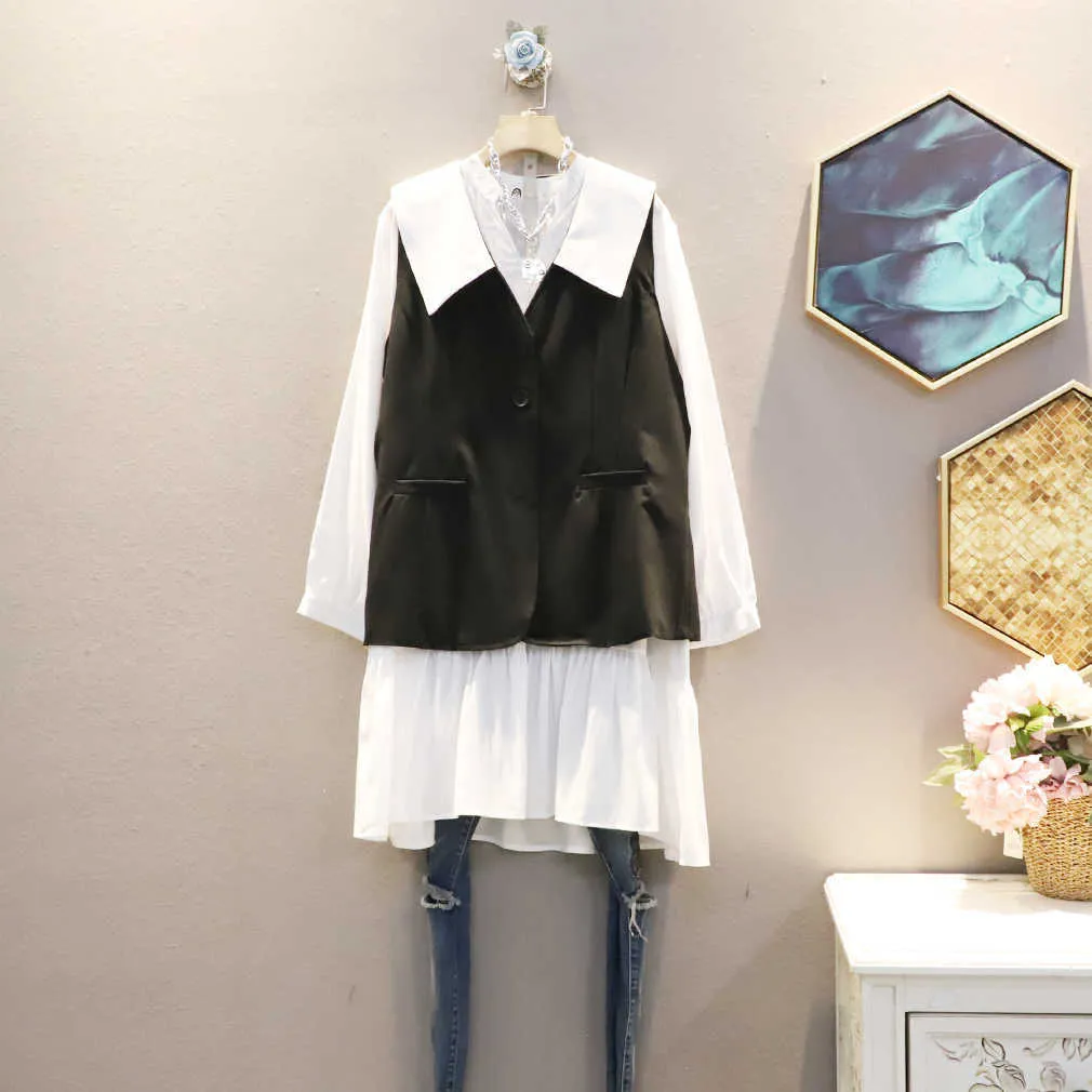 Wiosna Plus Size Slim Vest i V Neck Full Turn Down Collar Dresses Set 210615