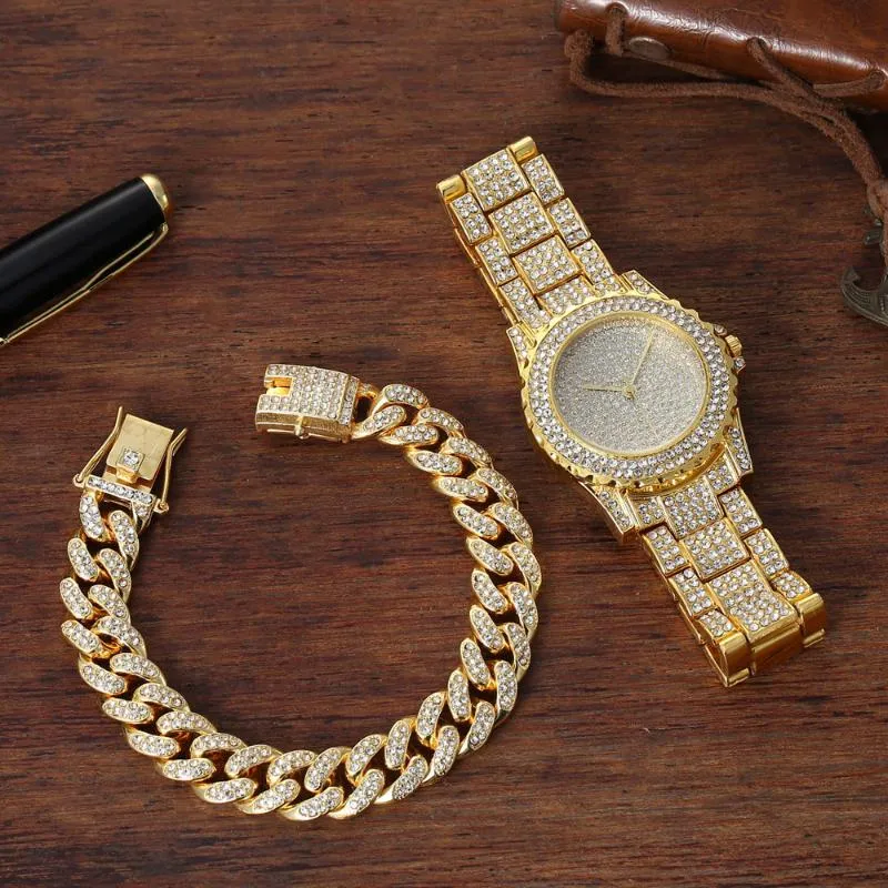 腕時計監視女のためのブレスレットキューバチェーンチャームアイスアウトファッションラグジュアリーゴールドセットジュエリーrelojes2803
