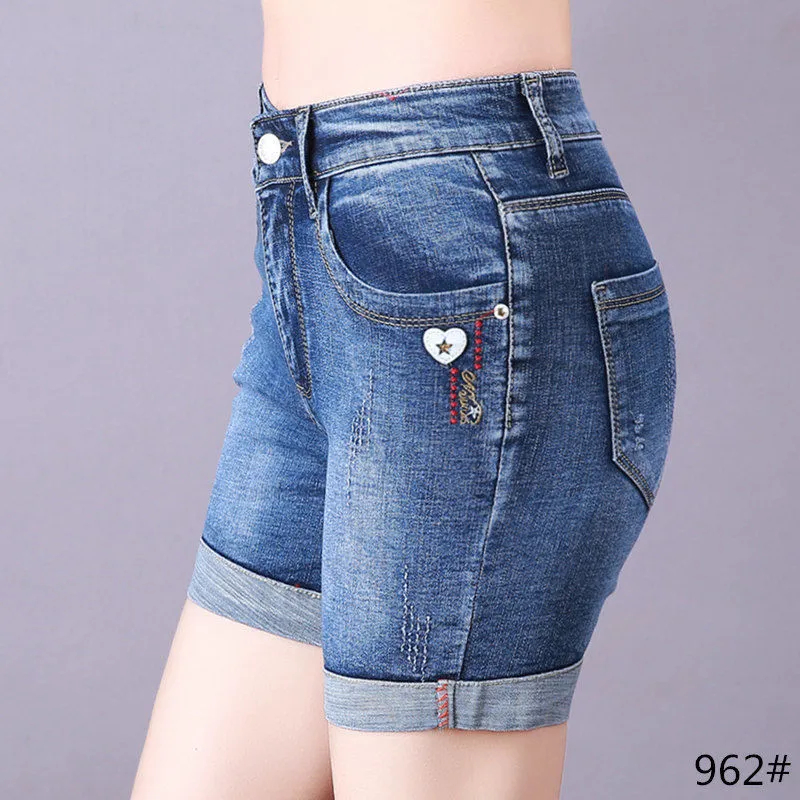 Летние женщины мода прямой стиль высокая талия ад свернутый джинсовые шорты женские модные вышивки джинсовые повседневные дни 210301