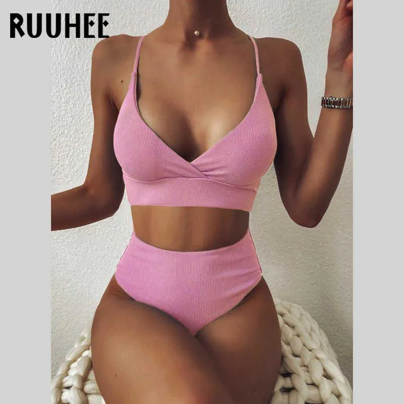 Ruuhee Femmes Maillot De Bain Côtelé Taille Haute Solide Noir Blanc Push Up Bikini Ensembles Maillots De Bain Femme Avec Maillot De Bain Rembourré 210621