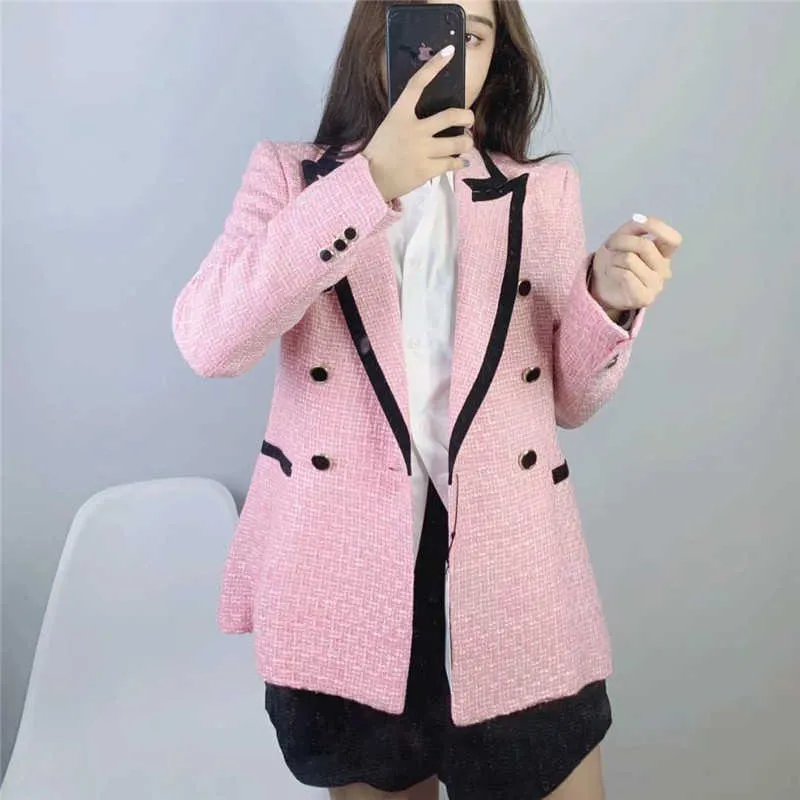 ZA elegant roze geweven blazer vrouwen lange mouwen contrast piping dubbele breasted blazers vrouw mode schattige jas bovenkleding 211006