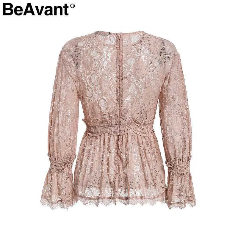 BeAvant O neck flare sleeve lace blouse Women sexy perspective mesh summer top blusas Elegant ruffles peplum blouse shirts 210709