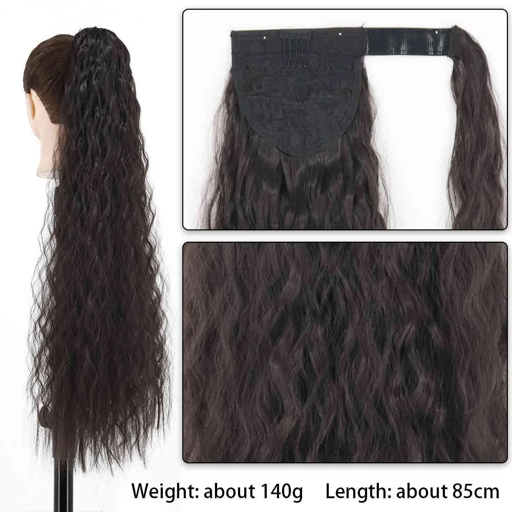 Synthetic Corn Wavy Long 34inch Ponytail piece Wrap on Clip Extensions Ombre Brown Pony Tail Blonde Fack Hair304n