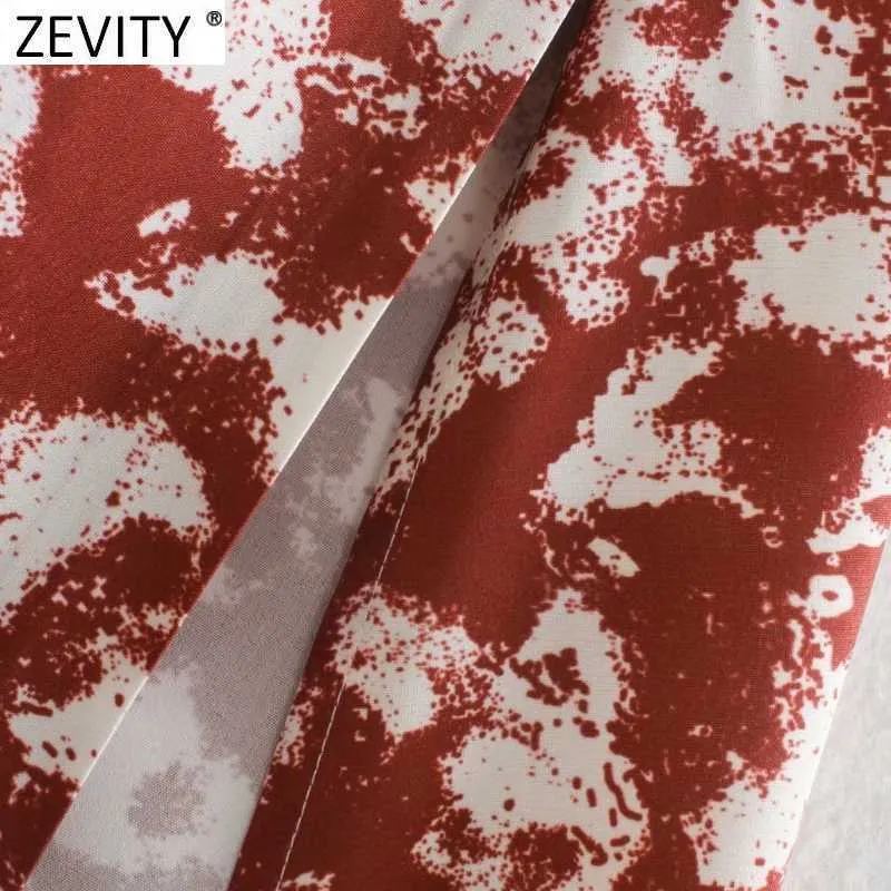 Zevity Women Vintage Tie Dye Painting Shirt Dress Lady Drawstring Sleeve Lace Up Casual Vestidos Slå ner Krage Klänningar DS4788 210603