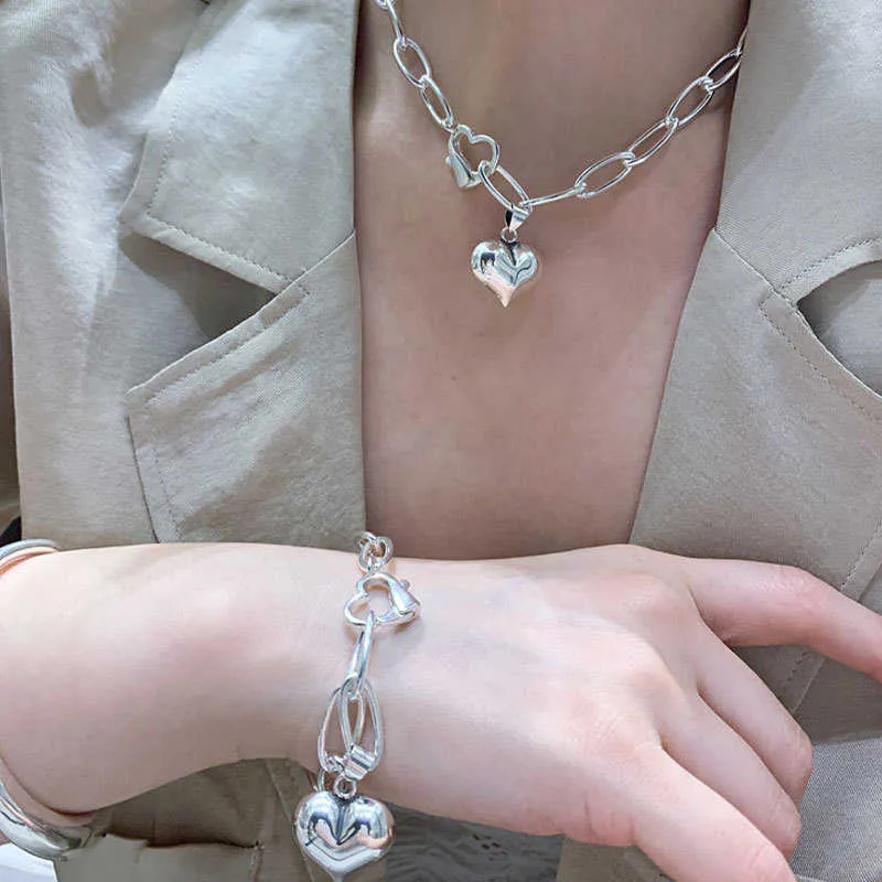 925Sterling Silver Chunky Chain Bracelet Creative Love Heart Pendant Hip Hop Style Vintage Elegant Party