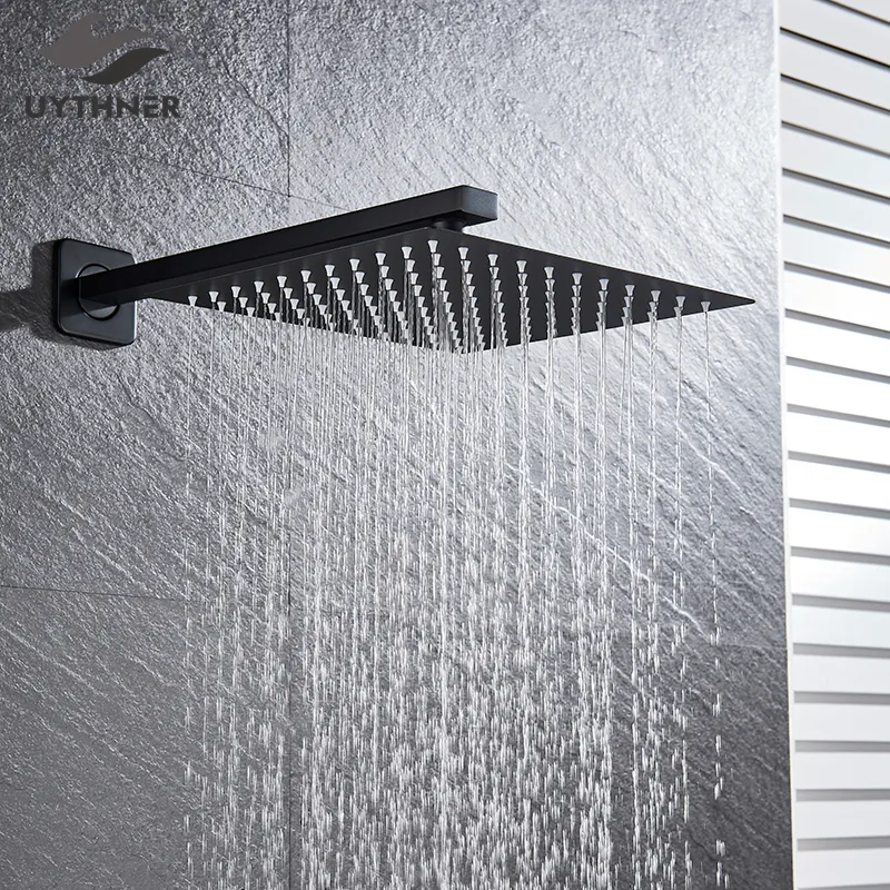 Tête ultra-mince de pluie de 8/10/12 pouces noir mat avec bras accessoires de douche de salle de bains montés au mur 210309