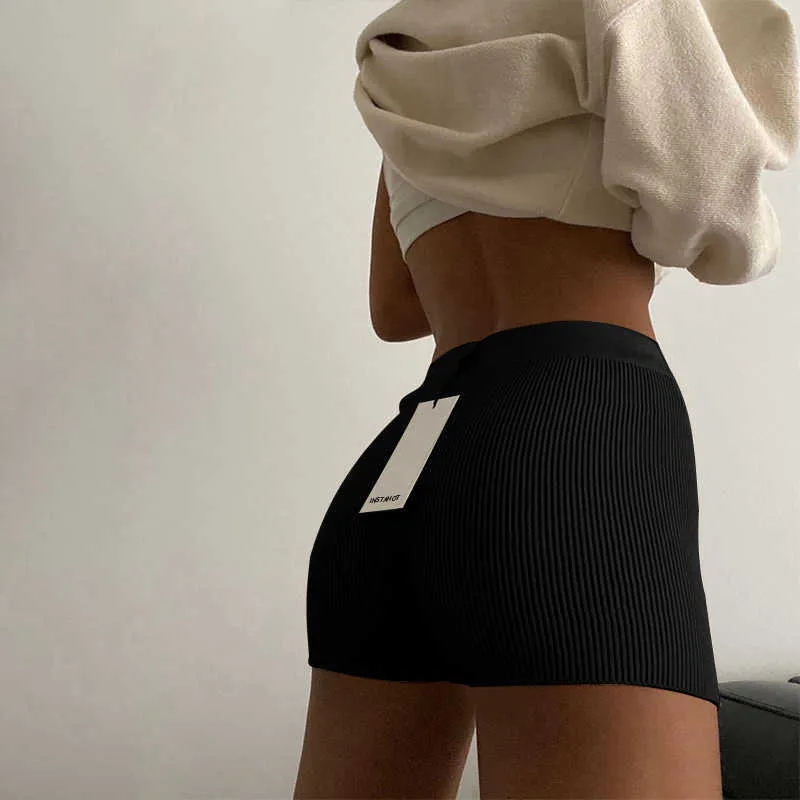 Casual Fashion White Women Knitted Biker Bodycon Shorts Summer Cotton Sweat Mini Sexy Femme Black 210719