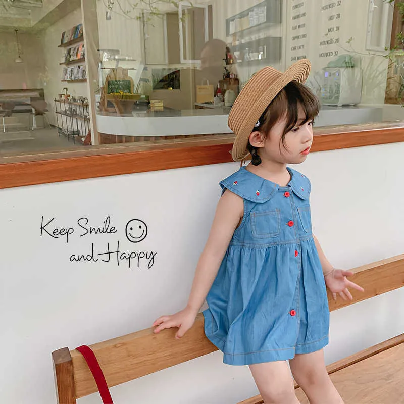 ベアリーダーガールズデニム夏のドレス韓国のファッション子供ソリッドカラープリンセスvestidos子供ノースリーブプレッピーかわいい服210708