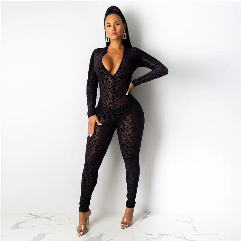 Leopard Print Sexy Club Jumpsuit Women Fall Long Sleeve Vneck Mesh Sheer Party Bodycon Rompers Jumpsuit 201007