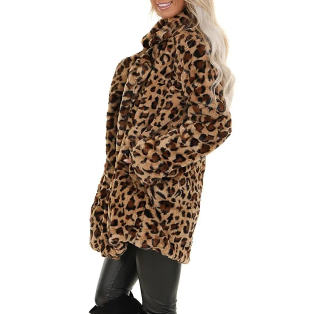 女性コート冬のヒョウ柄フェイクファージャケットコート