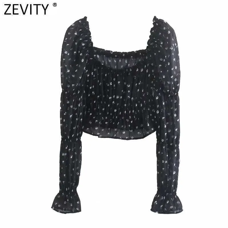 Zevity Women Sexy Square Collar Elastyczne Szyfonowe Krótkie Smock Bluzka Kobieta Rękaw Puff Slim Ruffles Koszula Chic Blusas Topy LS9004 210603