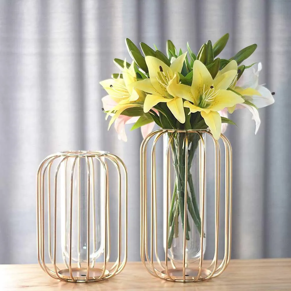 ノルディックランタン形のアイアンアートガラス花瓶ゴールドメッキフラワー花瓶卓上フラワーポットホーム結婚式の装飾210310