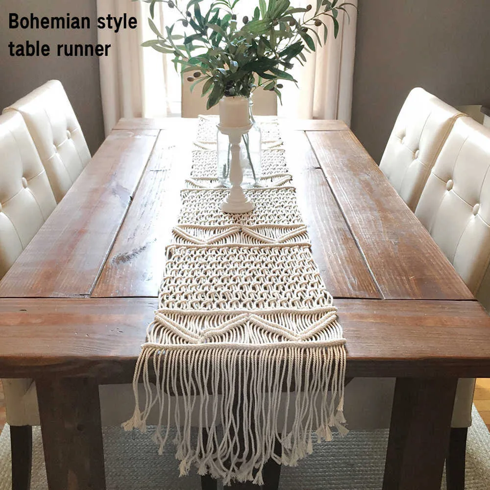 タッセルマッラメート布の結婚式の装飾のボヘミアンのテーブルランナーハンドウ編みカバータペストリーパーティーホームインテリア210628
