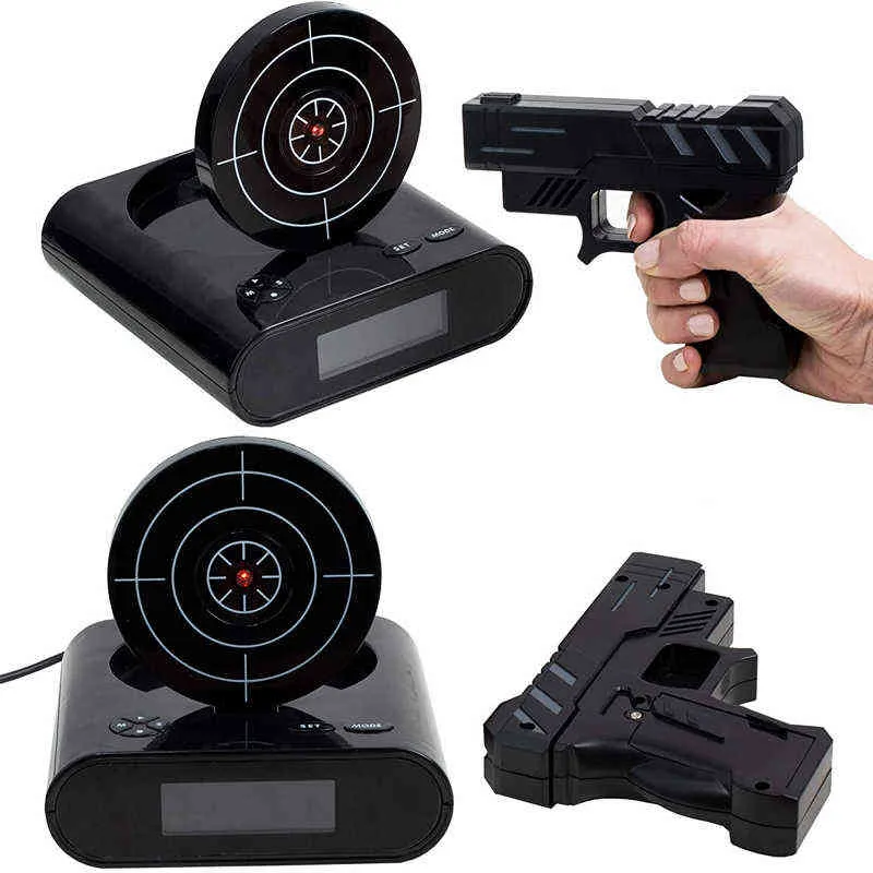 s Eletrônicos Relógio de Mesa Digital Gun Despertador Gadget Target Laser Shoot Para Despertador De Mesa Despertador Infantil 211111