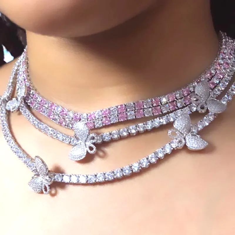 Iced Out Bling AAAA Циркон 5 мм Теннисная Цепочка Ожерелье Женщины Мужчины Хип-Хоп Модные Ювелирные Изделия Золото Серебро Цвет Розовый CZ Колье Ожерелья w176k