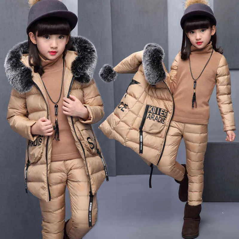 Girl winter set jacket Clothing for Russia Winter Hooded Warm Vest Jacket+Warm Top Cotton Pants Coat with Fur Hood 211222