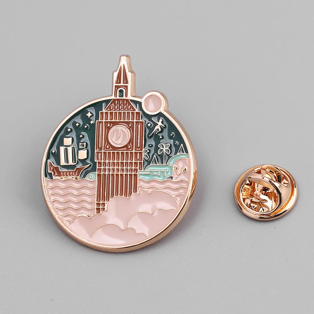 Angleterre rétro architecture clocher émail broche le ciel nocturne nuages bâtiment costume épinglette mode charme bijoux unisexe 2010229V