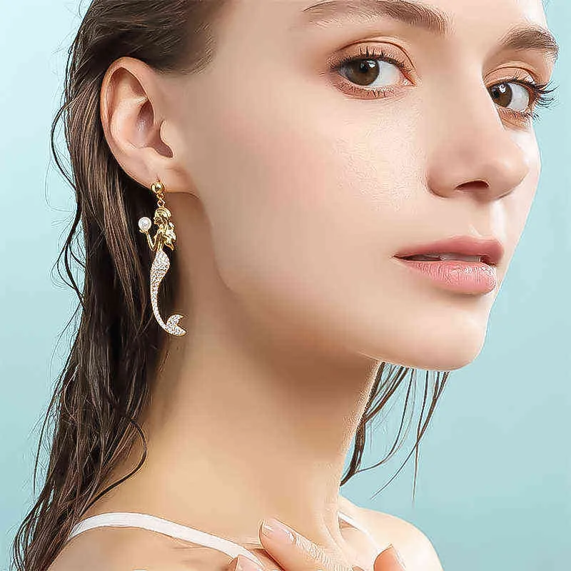 Mignon dessin animé sirène cristal queue de poisson perle boucles d'oreilles pour femmes clous d'oreille avec Long pendentif 211231259T