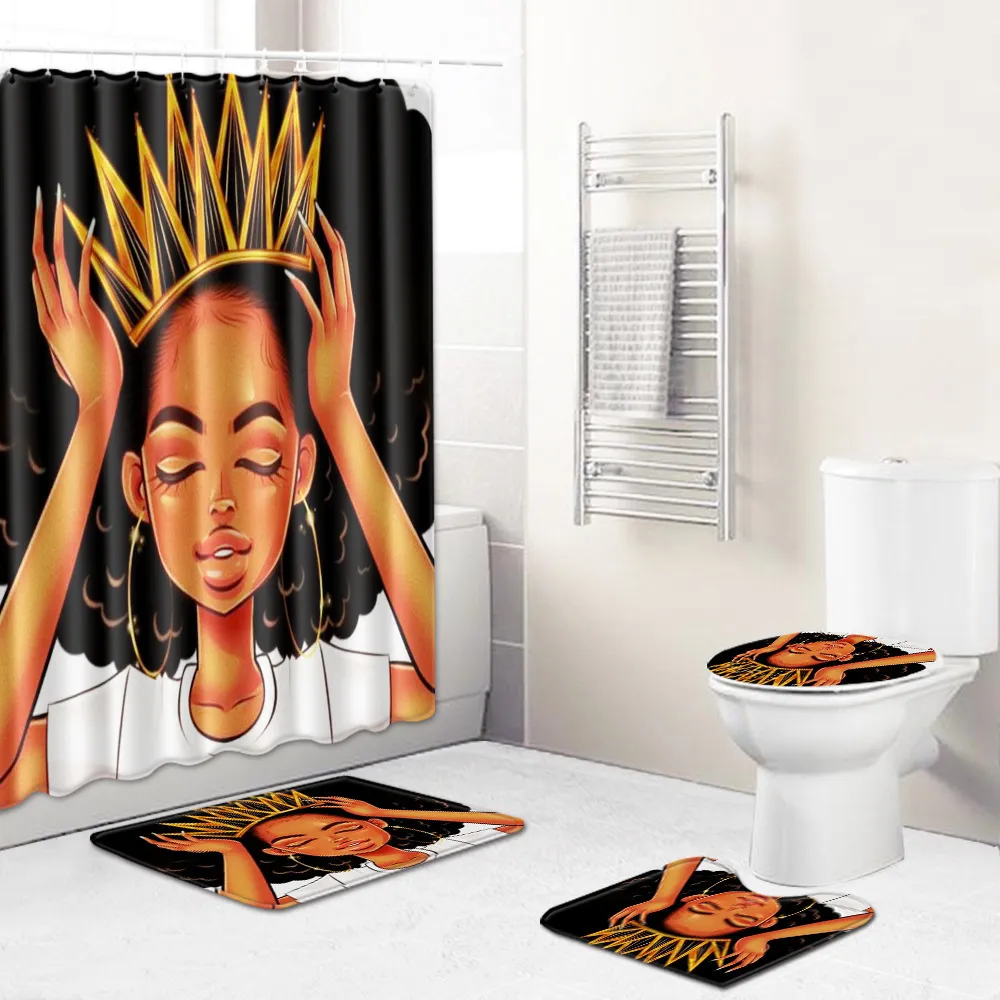 Tapete da capa da almofada do banheiro conjunto Cortina de chuveiro de tecido para banheiro conjuntos de mulheres afro -americanas Y200613