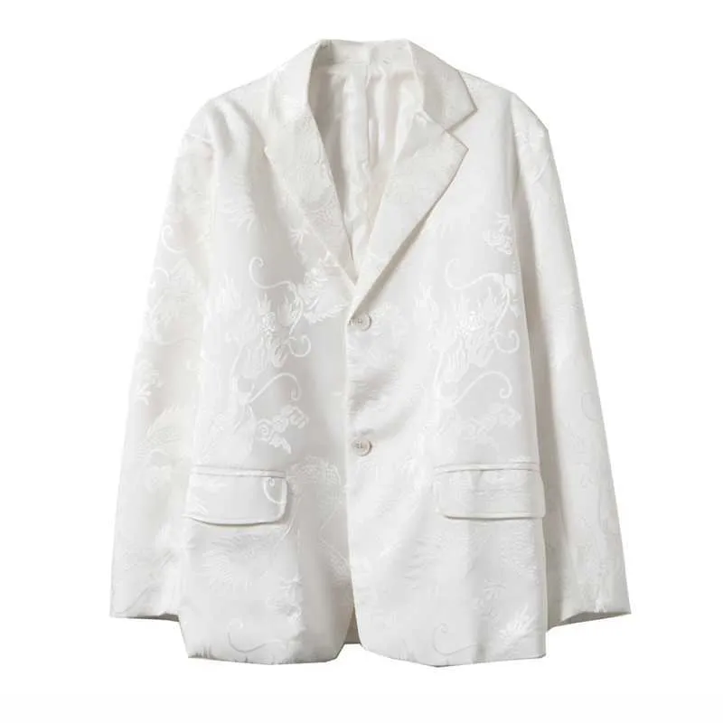 Gótico vintage mulheres jaqueta manga longa retro seda blazer de cetim para fêmea moda dragão chinês impressão branco outwears 211006