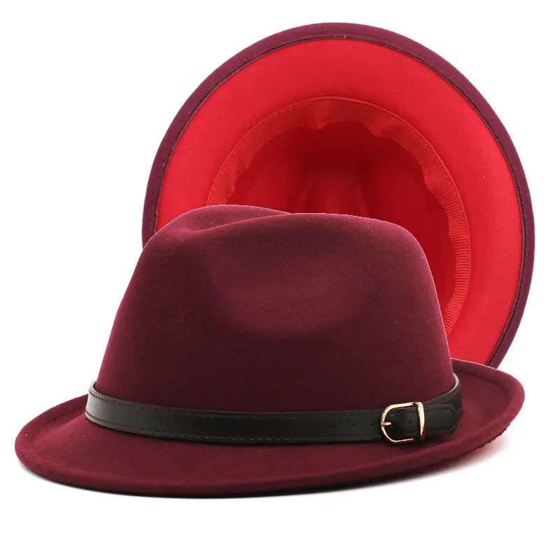 2022 Nieuwe korte rand zwart rood patchwork jazz fedora hoed met riem buckle dames mannen wol vilt panama homburg hoed voor feest bruiloft2756