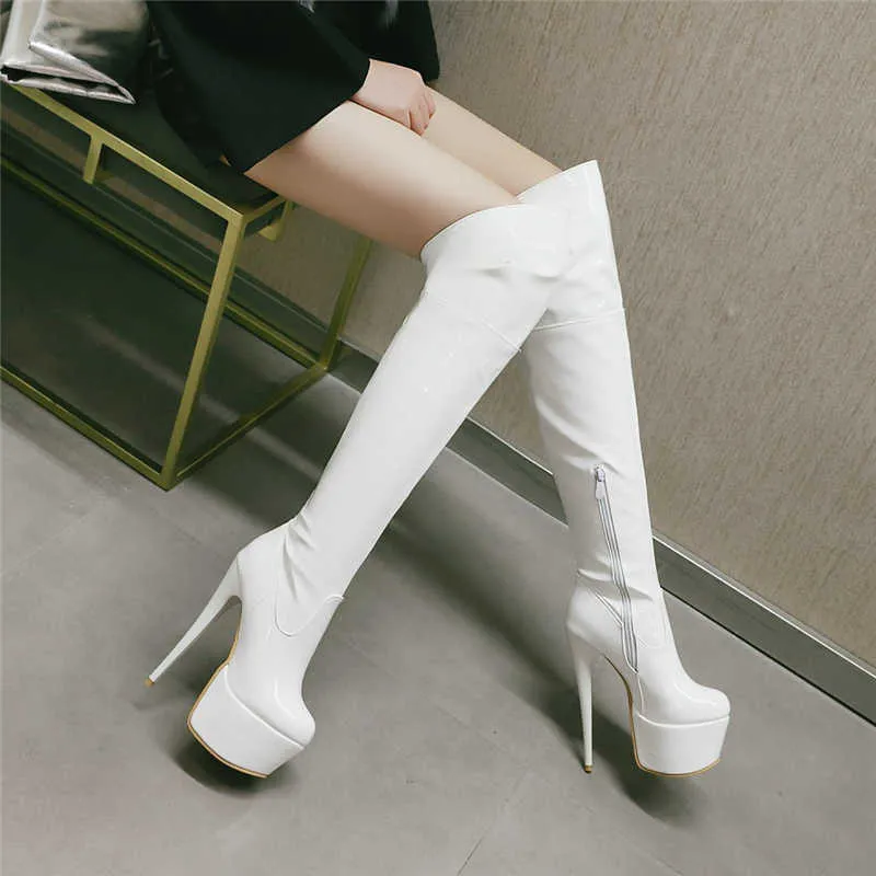 Cuisses sexy bottes hautes pour femmes plate-forme chaussures fétichistes dame talons hauts sur les bottes au genou rouge blanc cuir bottes longues d'hiver Y0905