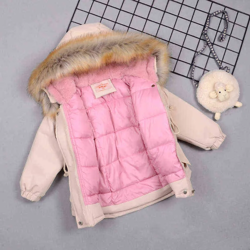 秋の冬の毛皮の襟の子供たちのダウンジャケットの女の子のための暖かい子供のコート女の子2-8年の上着服211203
