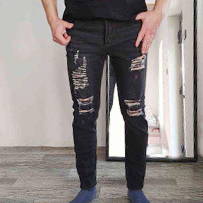 Jeans skinny neri Jeans strappati da uomo Jeans maschili 2021 NUOVI pantaloni casual da strada estivi Hip Hop Pantaloni in denim slim moda uomo Pantaloni da jogging H268C