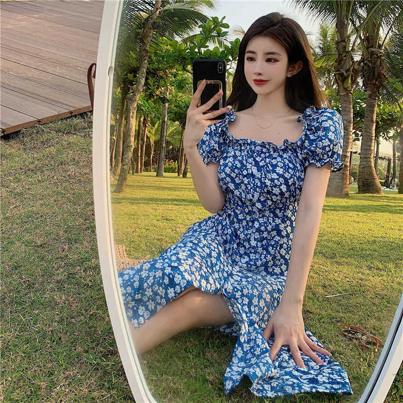 Women Single Breasted Midi Dress Square Neck Floral Printed Puff Sleeve Summer Ladies Robes 210529